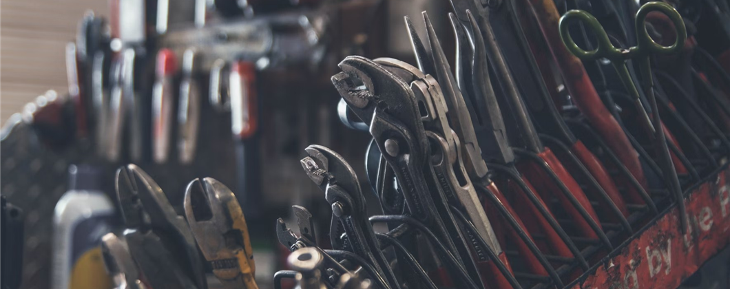 Set of tools used in the motor trade situated in a motor garage.